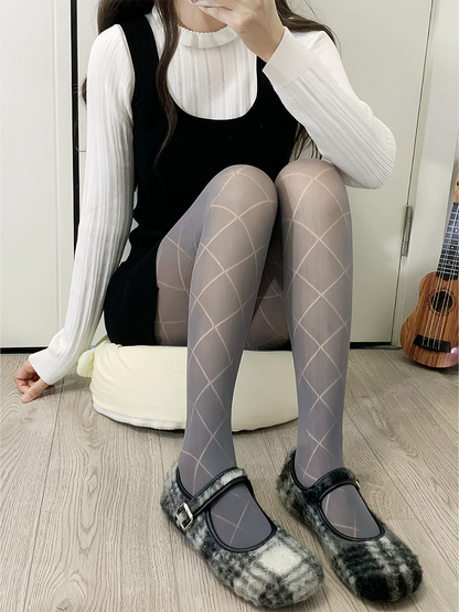 ホワイト/グレーダイヤモンド柄ホローアウトタイツ