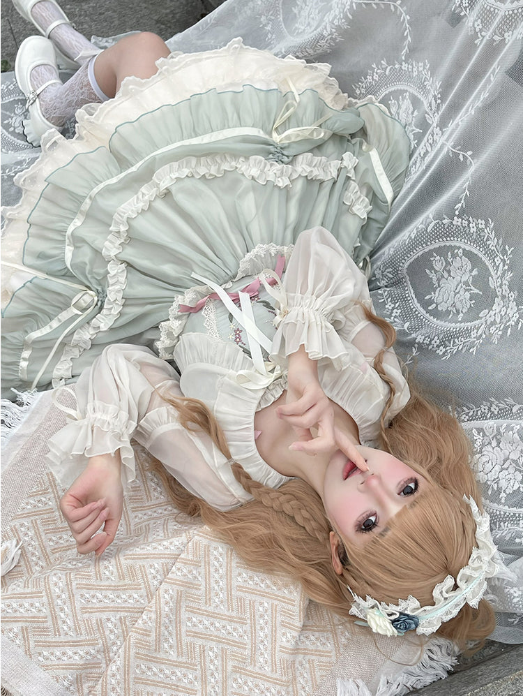 アプリコットのフリルトリム、ドローストリングカフストップス