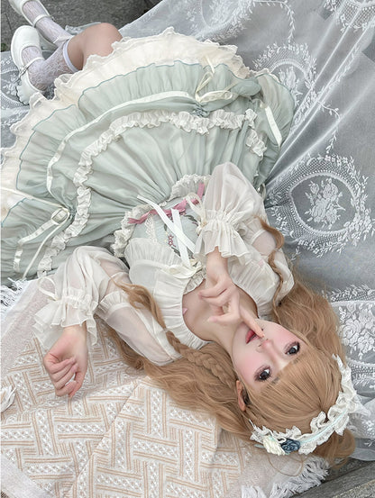 アプリコットのフリルトリム、ドローストリングカフストップス