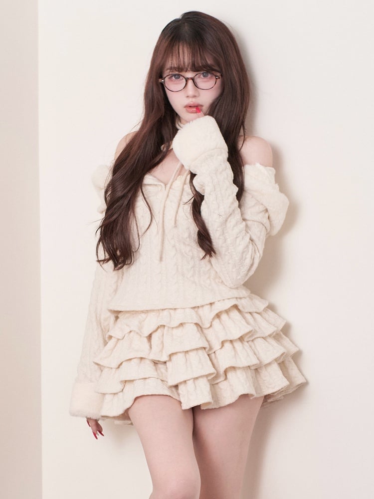 White Skirt Knit Jirai Multi-Layered Ruffle Kei