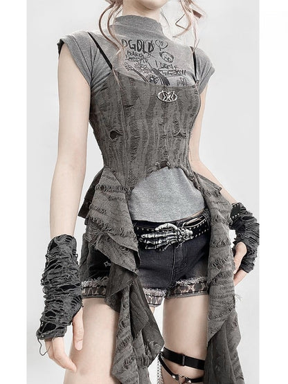 パンクアクセント ラッフルトップ ディストレストディテール ウェイストランド カスケードキャミソール グレー