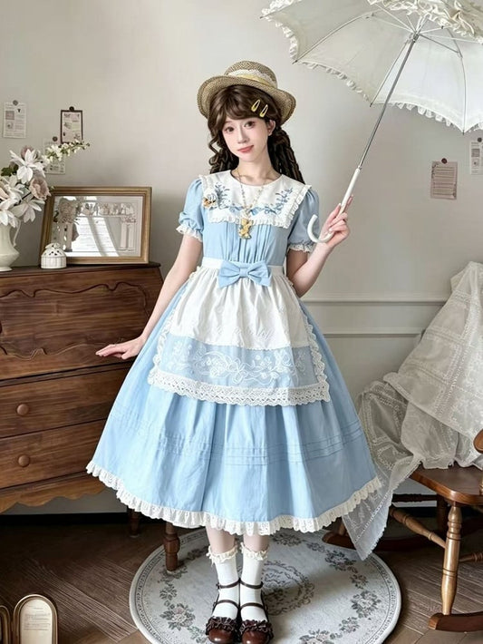 Elegant Blue Floral Cotton OP Dress with Detachable Apron