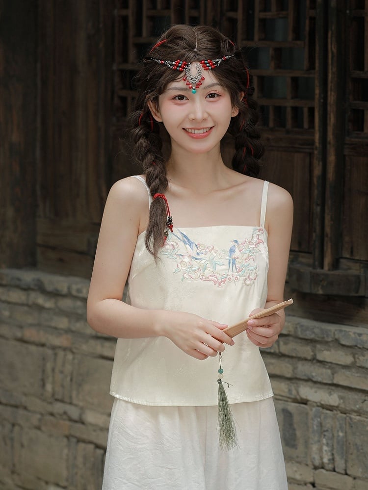 Top Bird Camisole mit Blumenmuster und Stickerei in Aprikosenrot