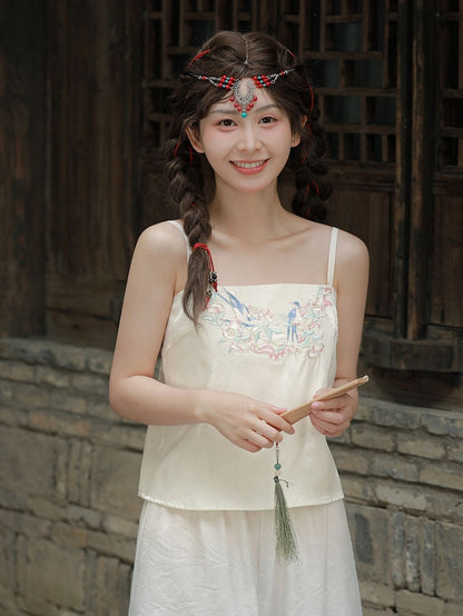 キャミソールと刺繍のトップス アプリコットバードフローラル