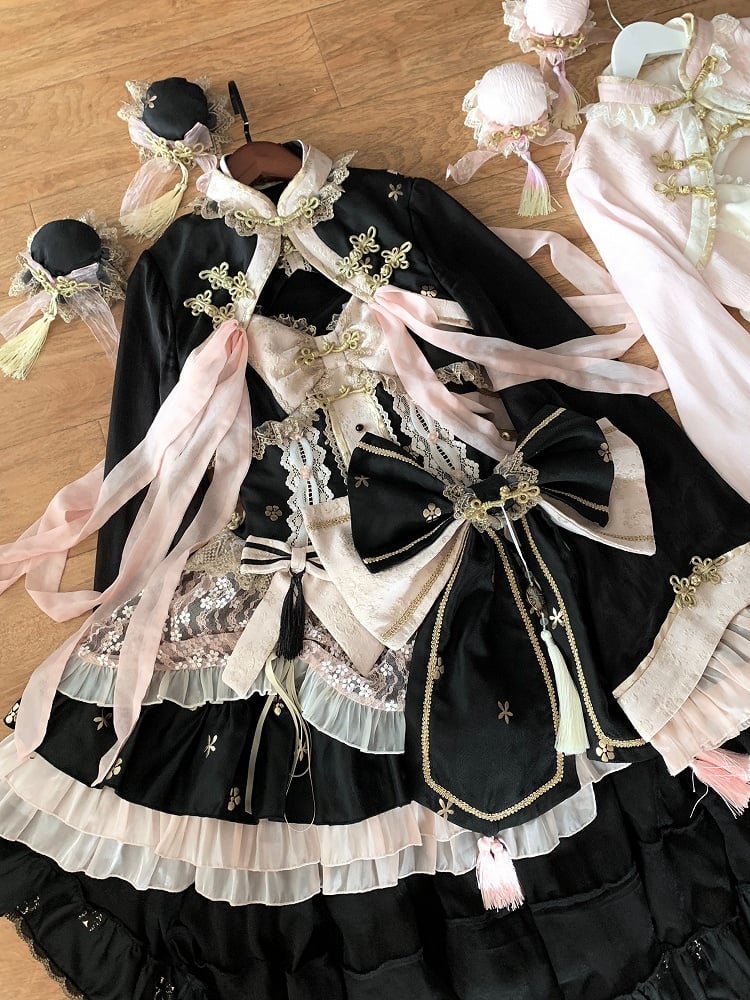 Black and Pink Chinoiserie Style Corset Dress Qi Lolita JSK Set