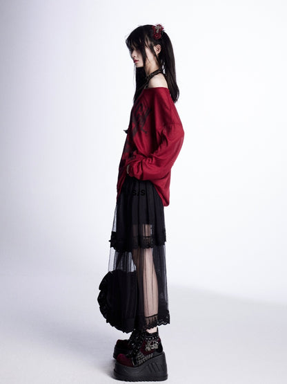 Graphic Vintage Coverup Red Semi-sheer Asymmetrical Neckline Sun Protection