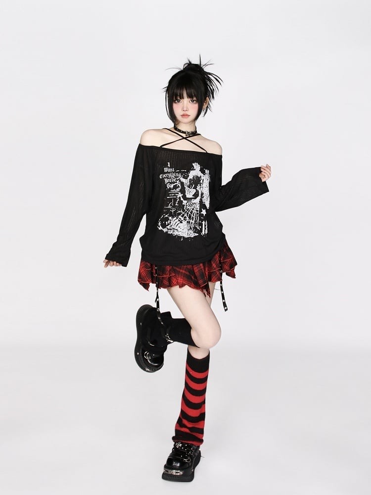 Off-Shoulder Black Knit Top with Cross Halter and Letter Print