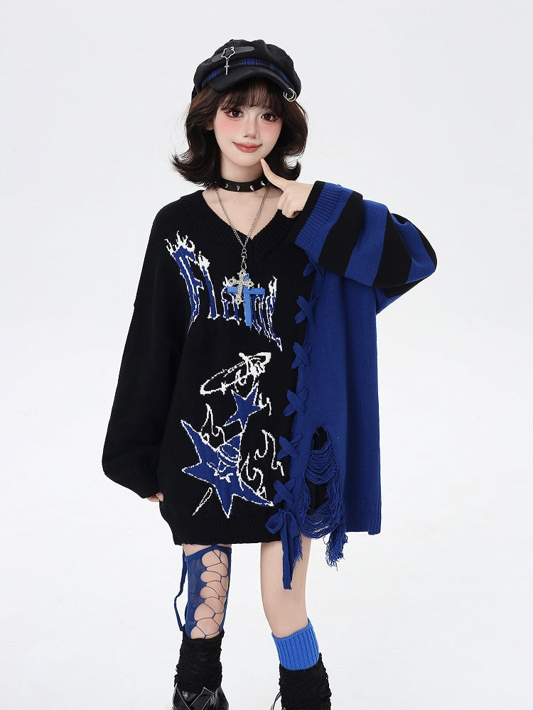 in V-Neck Sweater with Colorblock / Hem Detail and Blue Lace-Up Black Red Distressed