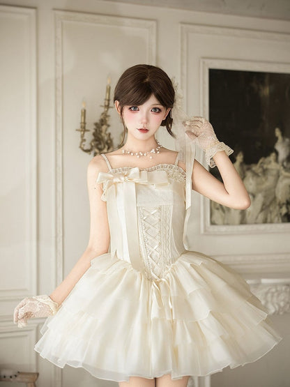 Boned Corset Waist Spaghetti Straps Dress Lolita JSK with Tiered Skirt - With PUJI