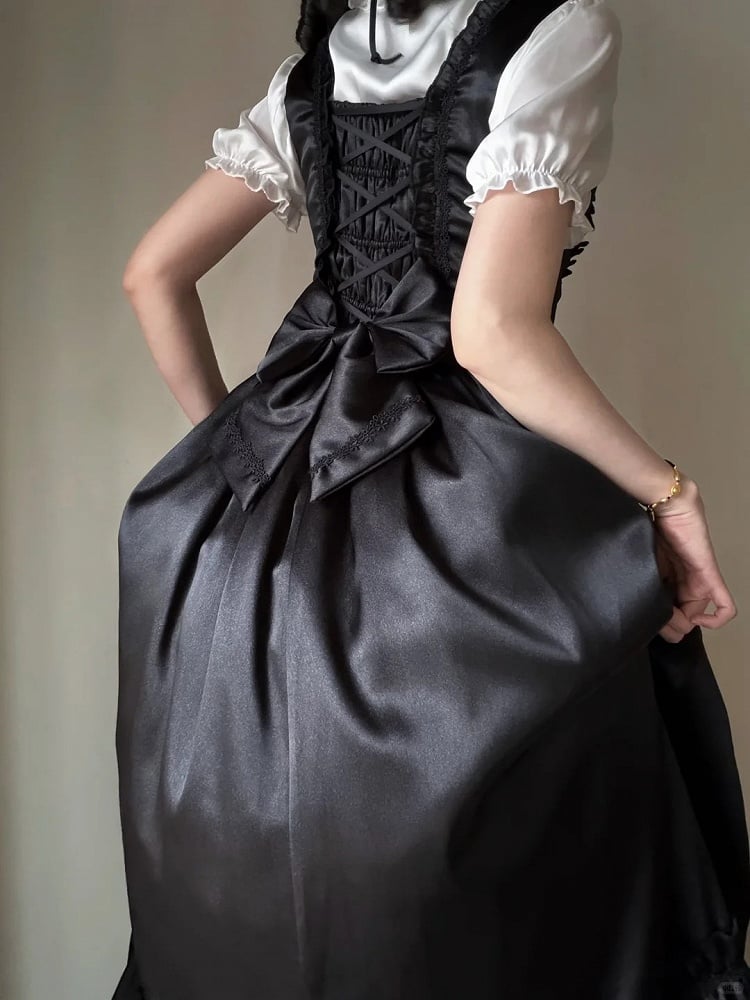 Black Satin Basque Waist Under Bust Classic Lolita JSK - Alice in Wonderland Lolita