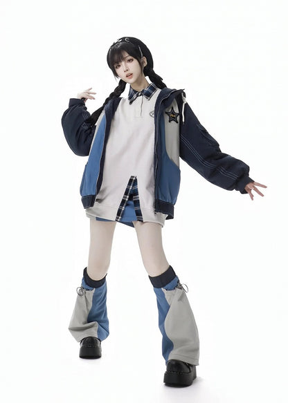 ブルー＆ホワイトのカラーブロックデザイン ドローストリングレッグウォーマー