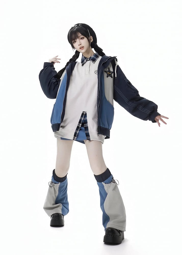 Blaue Jacke mit Colorblock-Stern-Applikation