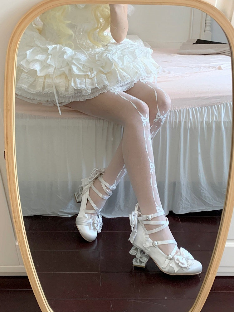 Satin Black-White Butterfly Knot Lolita Heels with Heart Buckle