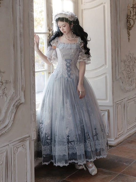 Hem Blue Corset Wisteria Tulle + Print Top Lolita Skirt Floral Long Lace-up with