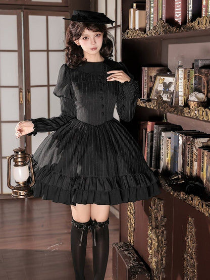 Black Striped Long Sleeve Short Lolita OP Dress with Mini Hat & 2-Way Bow Brooch Set - With PUJI
