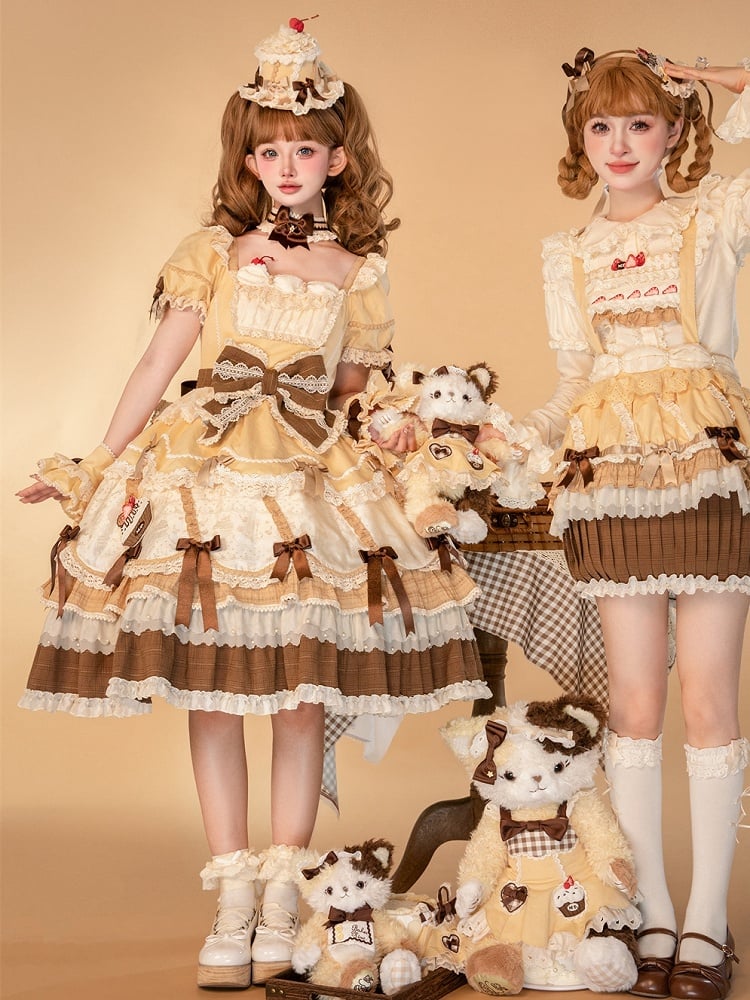 Puff Lolita Yellow and Square Neckline Bowknot Sweet Sleeves Details Dress