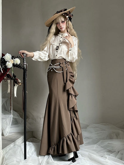 Brown Elegant Mermaid Skirt with Cascading Ruffles - MUYU