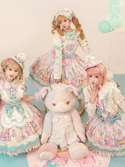 Blue Prints with and Sleeves JSK Trim Dress Flutter Pink Lolita Lace Sweet Cupcake