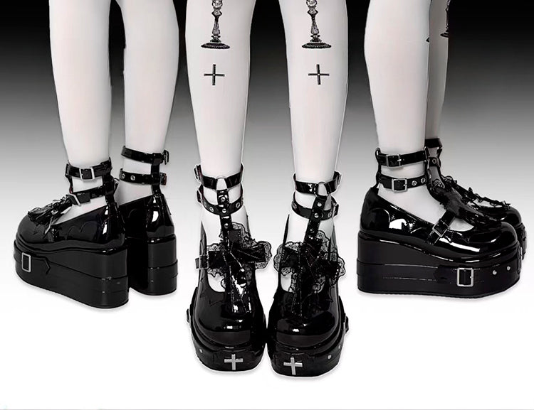 Polished Black Gothic Lolita Lace Trim Cross Platform Shoes