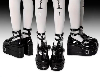 Polished Black Gothic Lolita Lace Trim Cross Platform Shoes