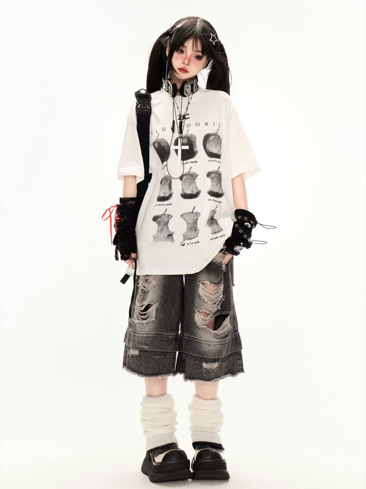 Tシャツ ホワイト ラウンドネック アップルプリント ルーズ