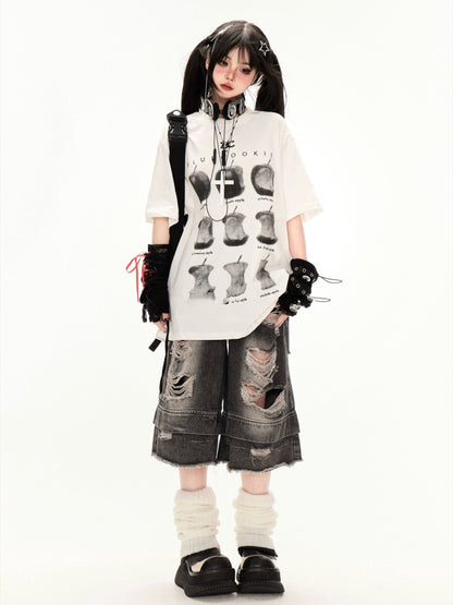 Tシャツ ホワイト ラウンドネック アップルプリント ルーズ