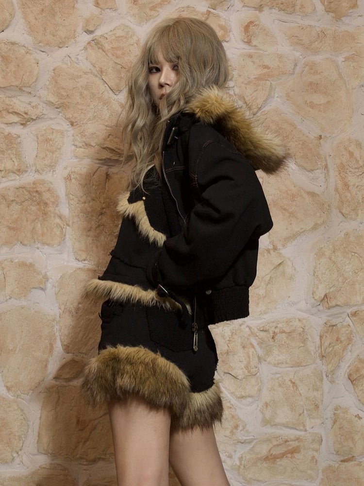 Slant Shorts Fur Punk Studded Black Y2K Faux with Pockets Button-Accented Trim