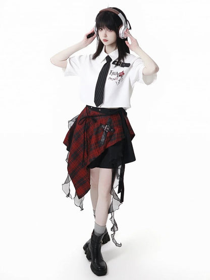 Version Black Buttons Red Long/Short Short Sleeves Shirt and Contrast Leather Buckle Strap White