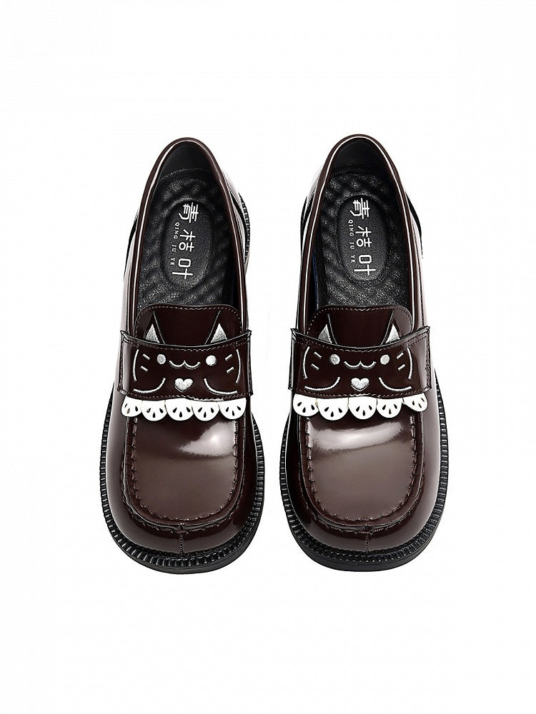 Women's Low Heel Mary Jane School Shoes with Cat Embroidery