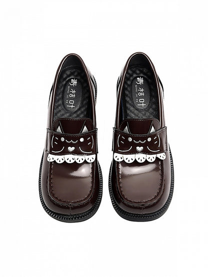 Women's Low Heel Mary Jane School Shoes with Cat Embroidery