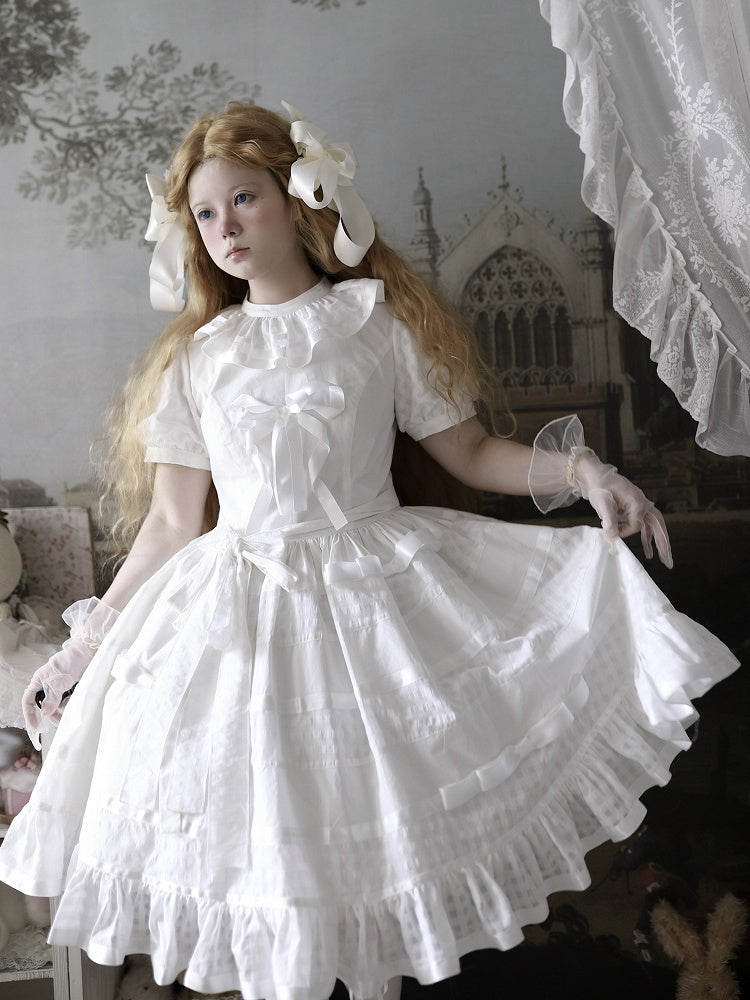 Ivory Checkered Puff Sleeve Lolita One-Piece Dress