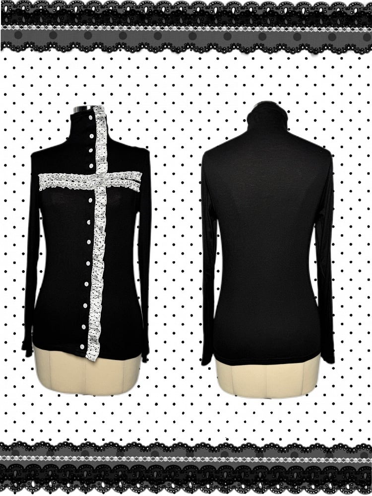 and High Goth Sleeve - Front Long White with Button Black Frill Accents Neck Top Dot