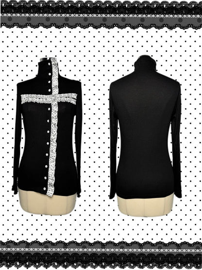 and High Goth Sleeve - Front Long White with Button Black Frill Accents Neck Top Dot
