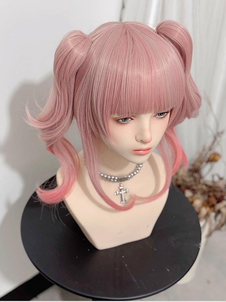 Claw Two Wigs With Bangs + Length Pink Shoulder Wavy Ponytails