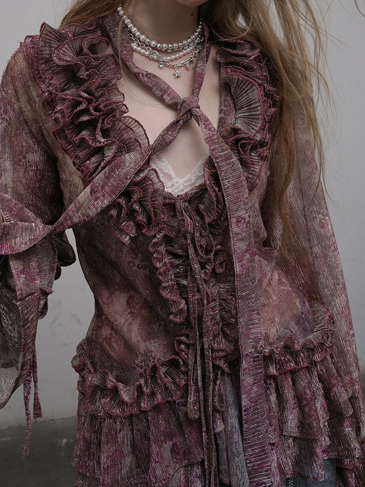 Pattern Ruffles Leopard Trim Sleeves Bell Shirt Purple