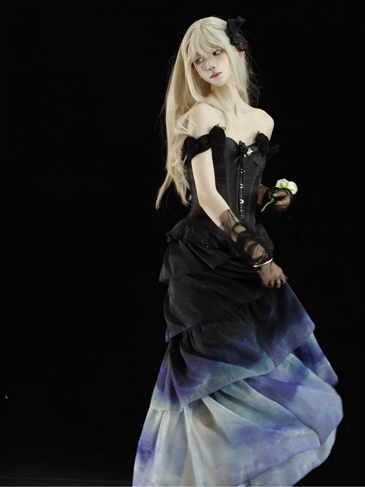 Multi-Layered Lolita to Gradient Blue Wave-Inspired Skirt Tulle Beige