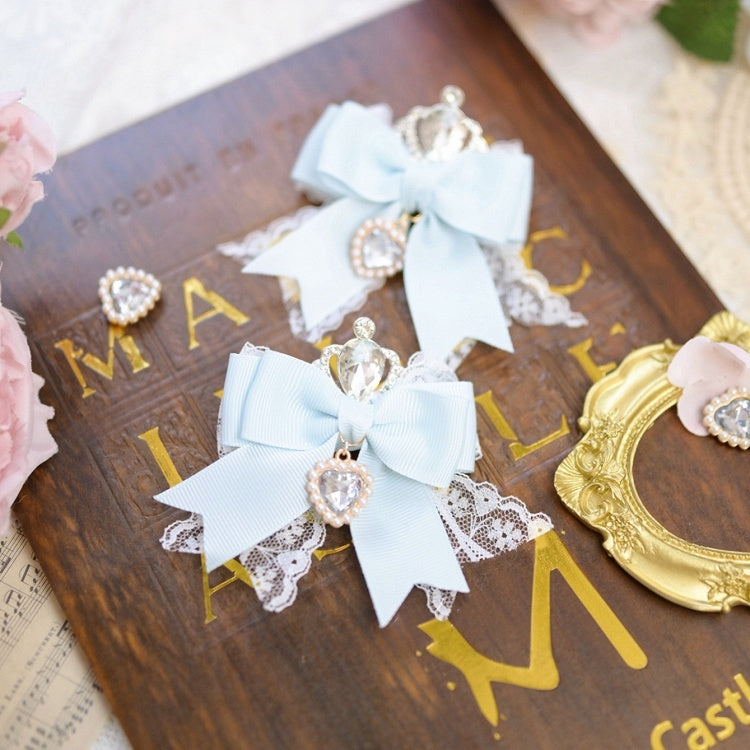 Jirai Kei Bow Hair Clips with Rhinestone Crown and Heart Charms