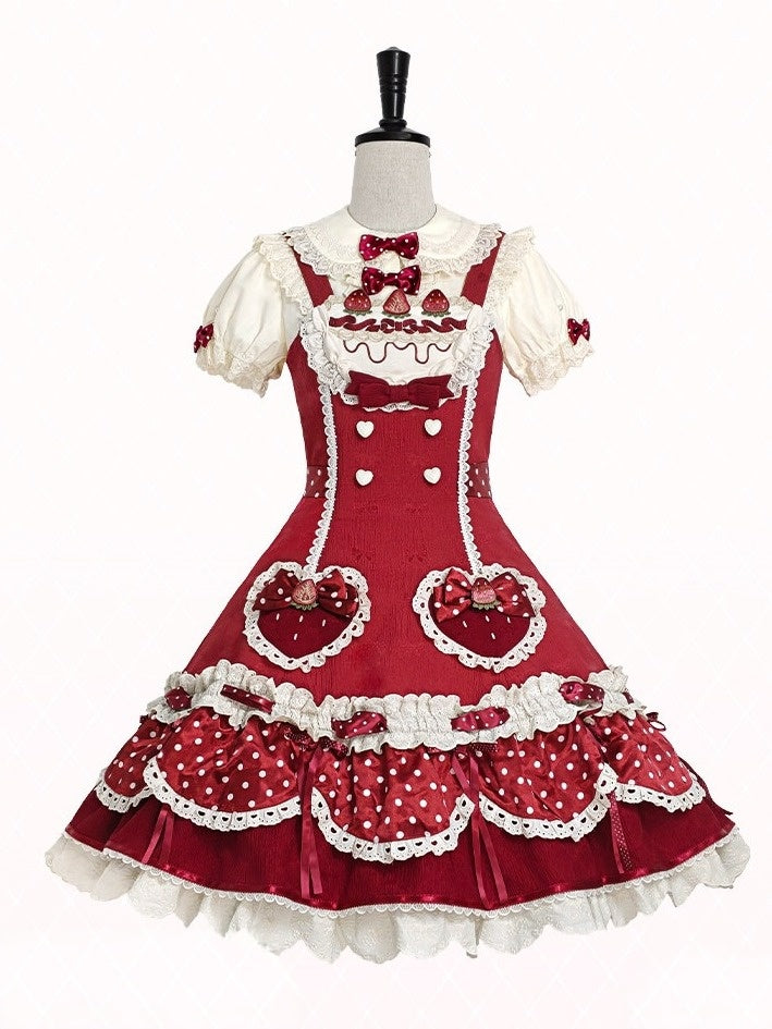 Strawberry-Print JSK Dress with Polka-Dot Bow & Peter Pan Collar Blouse Set - Day Rabbit