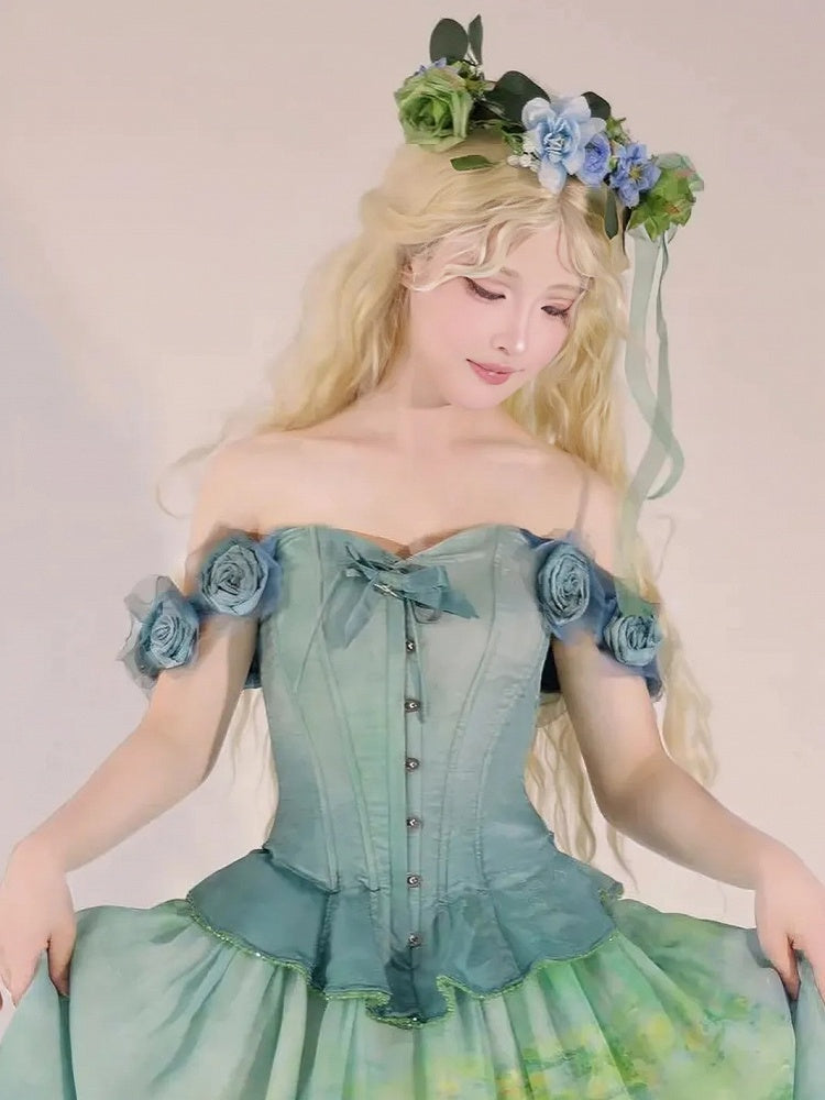 Korsett-Oberteil mit Volant und grünem Saum und abnehmbaren Blumenverzierungen