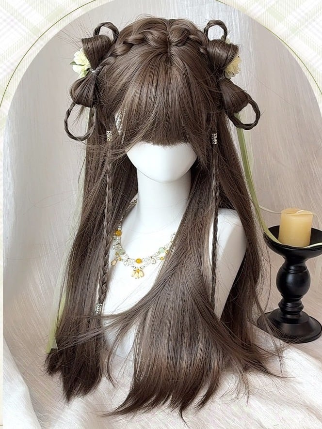 Milk Tea Long Straight Braided Wig with Full Bangs - Sleepy Fish