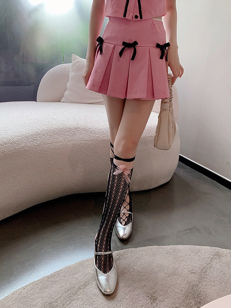 Schwarz/weiße, bittersüße Unterkniestrümpfe mit Cut-out-Design zum Selbstbinden