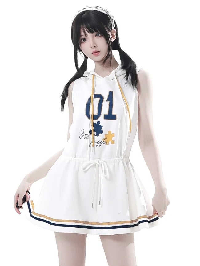 Dress with Yellow Drawstring Hem Hood，Blue Waist Striped Hoodie and Blokette Sleeveless White