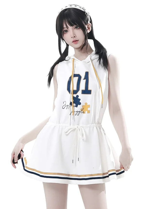 Dress with Yellow Drawstring Hem Hood，Blue Waist Striped Hoodie and Blokette Sleeveless White