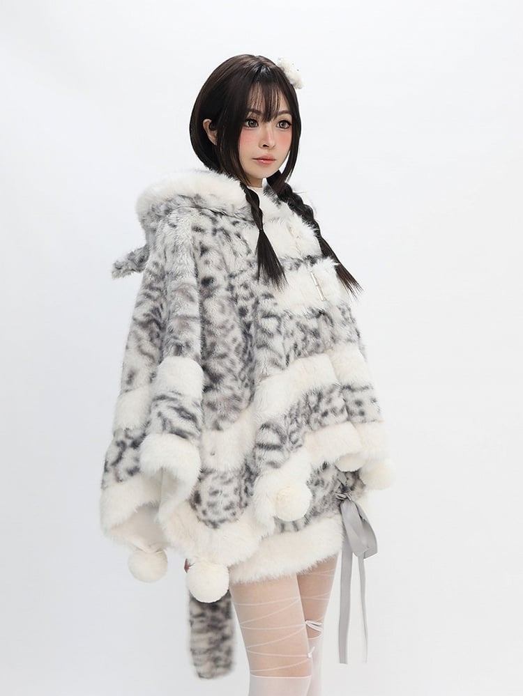 Cape Plush Print Pom-pom Bittersweet Accents Leopard Gray -