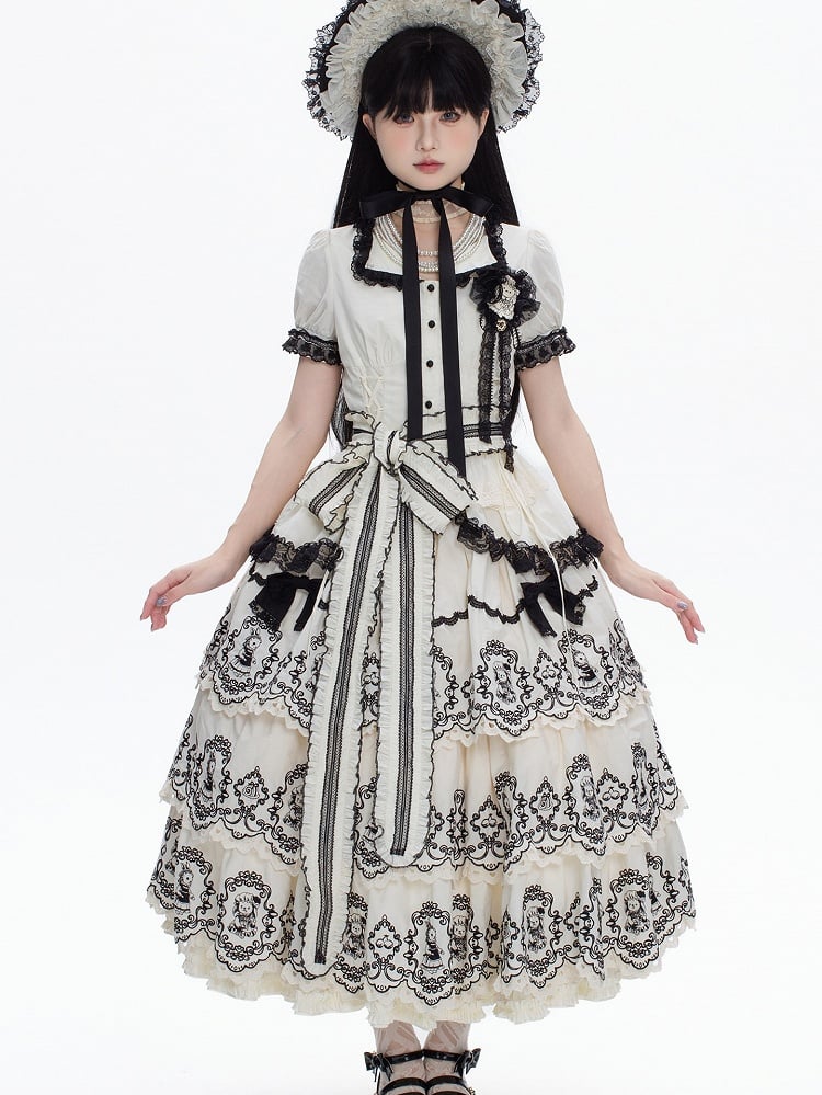 White Blouse Trim Black Lolita Pattern Scalloped Edge with Skirt Puff + Elegant Layered Rabbit Sleeves Set