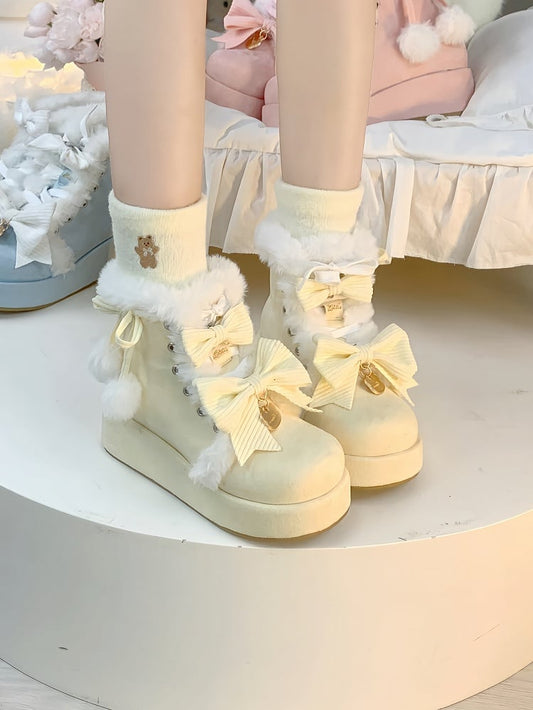 Boots Yellow Lolita - Charm Pompom Platform Snow Sweet