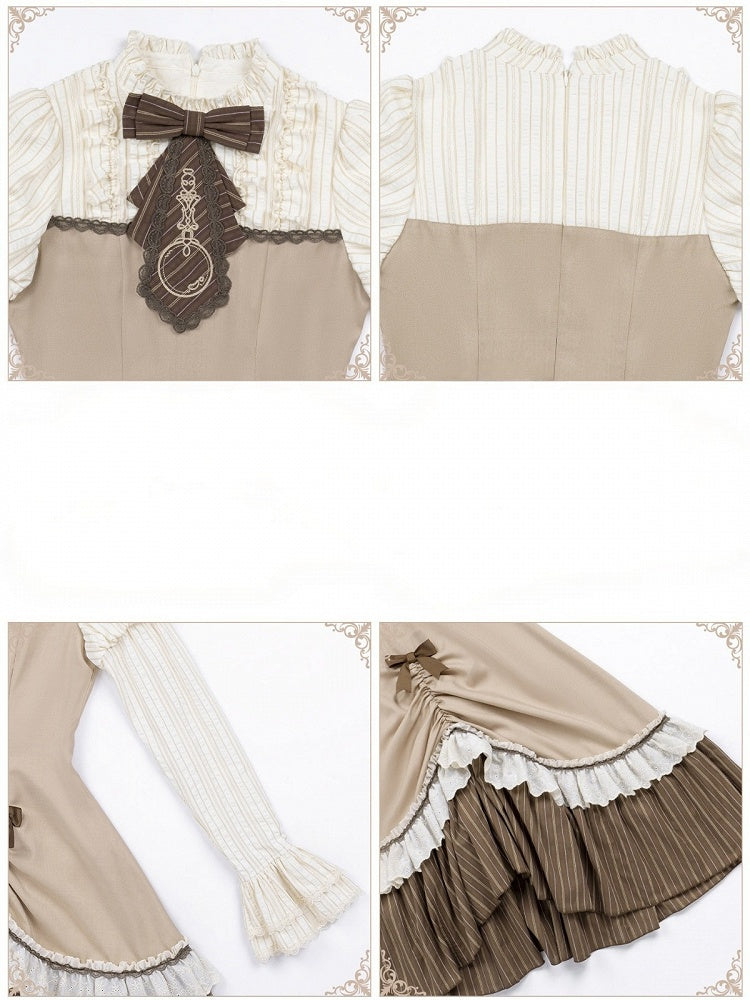 Brown Striped Faux Two-Piece Lolita Dress Outfit with Cape, Jabot & Mini Hat - With PUJI