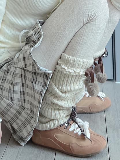 Khaki Sweet Bowknot Lace Details Knitted Leg Warmers With Pompons