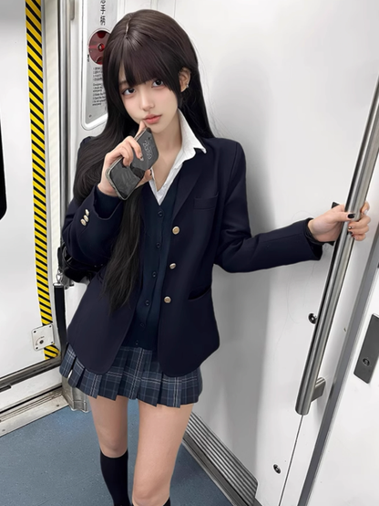 Pattern Uniform Plaid Pleated JK 39CM Skirt Blue