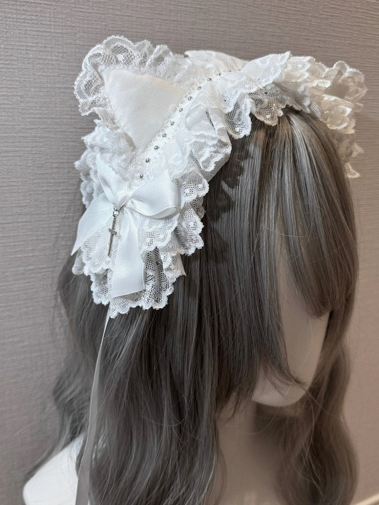 Lace Lolita Hairband with Cat Ear Design in White and Black - Magic Diary